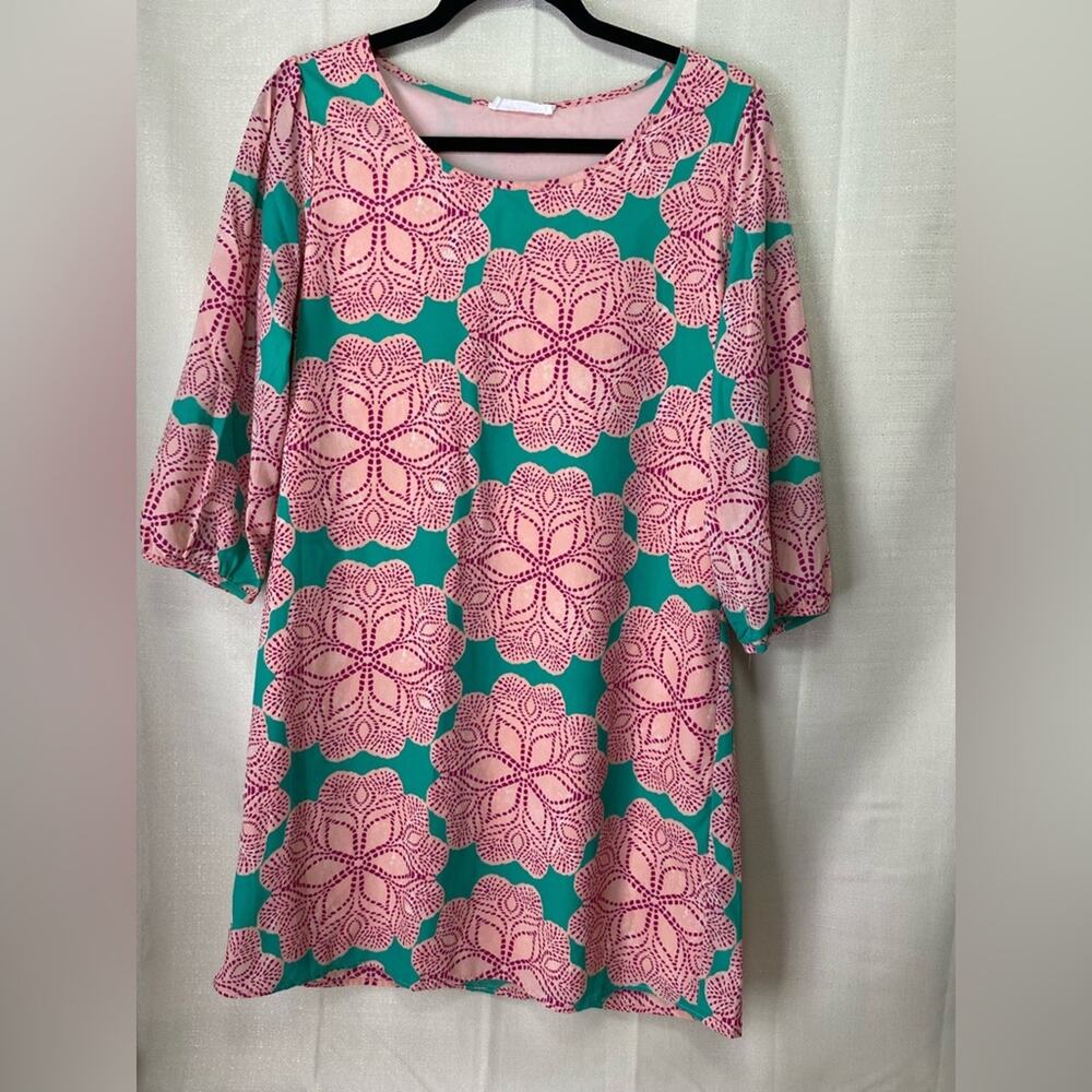 Peach Love California 3/4 Sleeve Floral Pattern Lined Mini Dress sz Medium